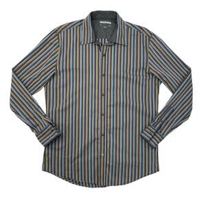 Johnston & Murphy Shirt Mens M Medium SLIM Fit Grey Striped Snap Button Dress